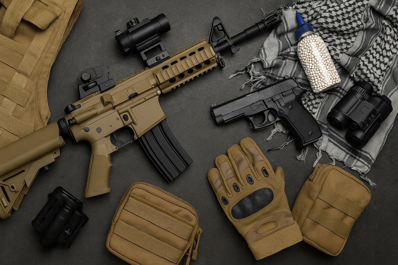 Assorted tactical gear including a rifle, handgun, gloves, and pouches on a dark surface.
